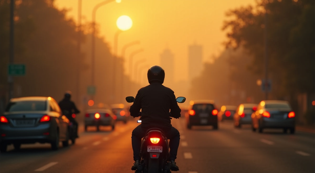 Motorcycle rider in dense Southeast Asian traffic under orange-grey pollution haze, illustrating what AQI is safe to ride a motorcycle in