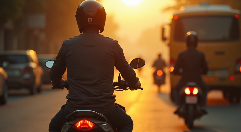 Motorcycle rider stopped in hazy Southeast Asian traffic behind exhaust fumes, illustrating ultrafine particle exposure for riders