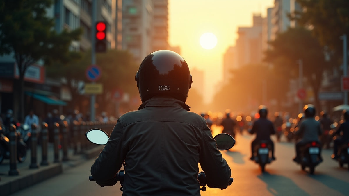 Helmeted motorcycle rider from behind at a red light in hazy Southeast Asian traffic, visor cracked open