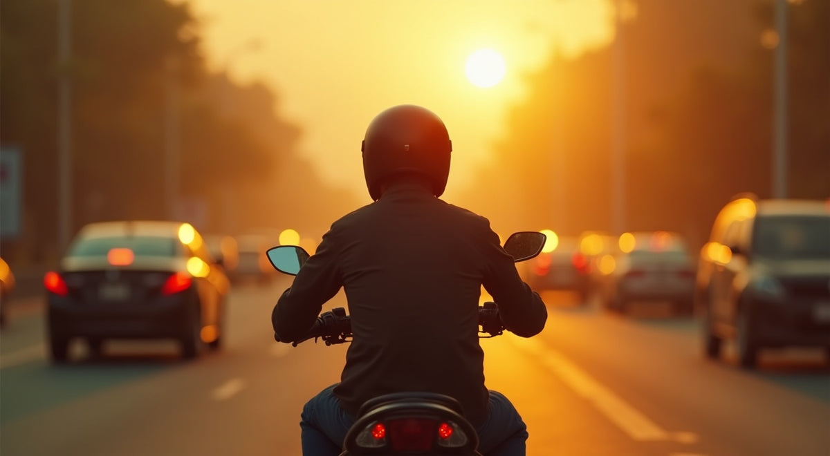 Motorcycle rider from behind in heavy smog traffic, a car tailpipe at helmet height, illustrating traffic pollution health risks for motorcycle riders