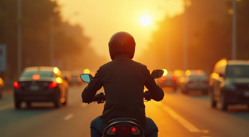 Motorcycle rider from behind in heavy smog traffic, a car tailpipe at helmet height, illustrating traffic pollution health risks for motorcycle riders