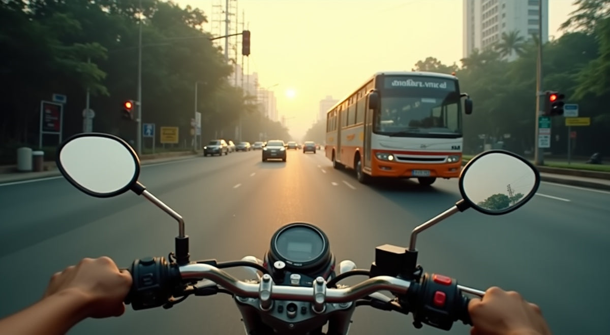 First-person view from a motorcycle rider stopped in traffic beside a bus and cars in a hazy Southeast Asian city