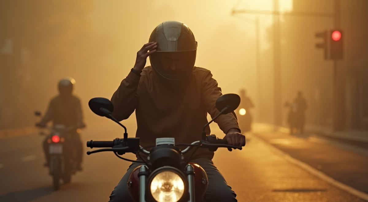 A weary motorcycle rider pausing in heavy traffic smog — the long-term toll of breathing traffic pollution on two wheels