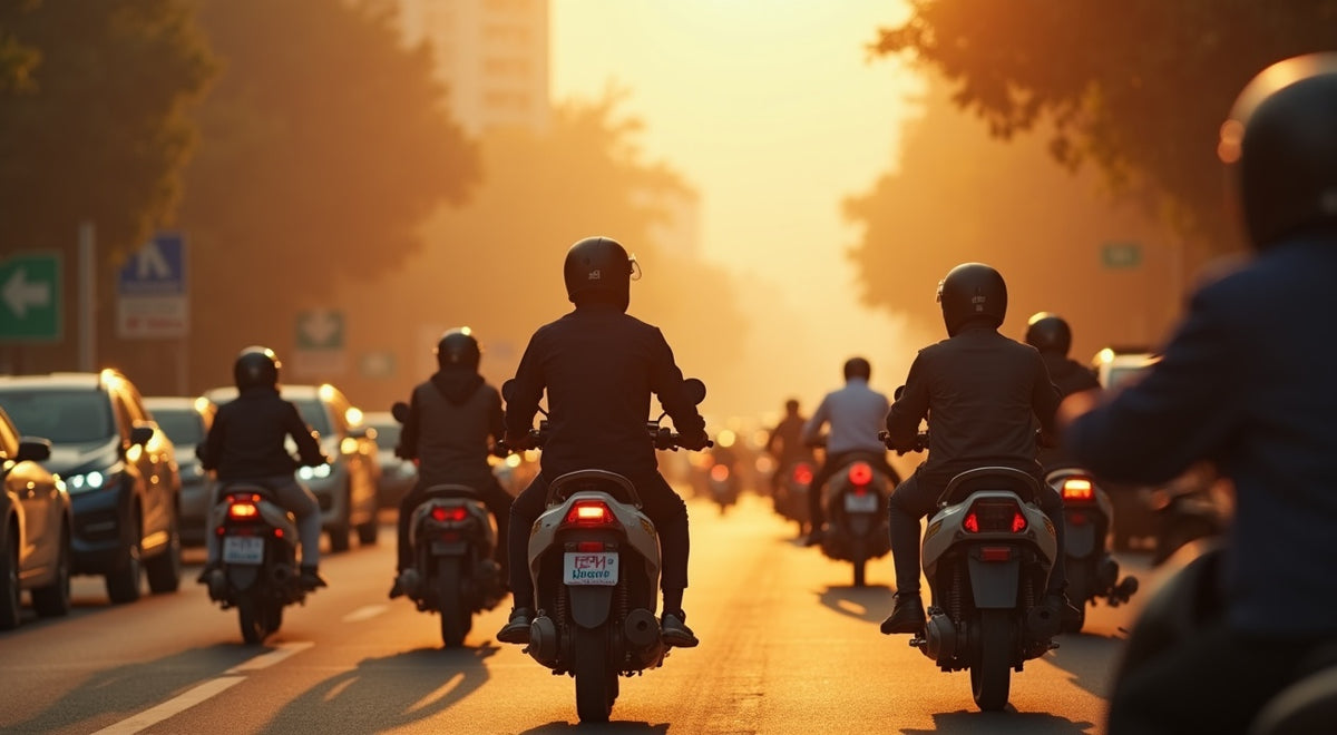 An electric scooter beside older combustion motorbikes in the same traffic haze at a Southeast Asian intersection, showing why electric motorcycles do not clean the air a rider breathes