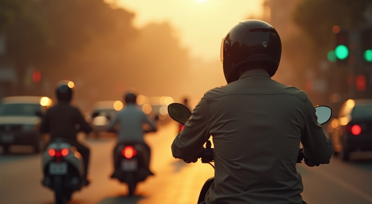 Motorcycle rider stopped in traffic at dusk with exhaust haze, illustrating rider air pollution exposure