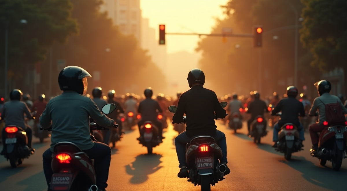 Motorbikes packed into a smog-covered Hanoi intersection, illustrating Hanoi motorcycle air pollution