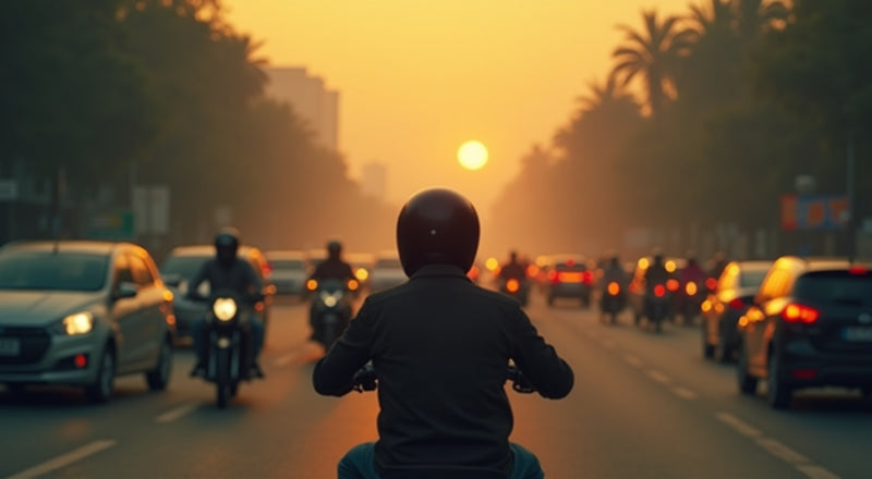 Motorcycle rider stopped in smog-filled Southeast Asian city traffic at golden hour, illustrating the future of air quality for motorcycle riders