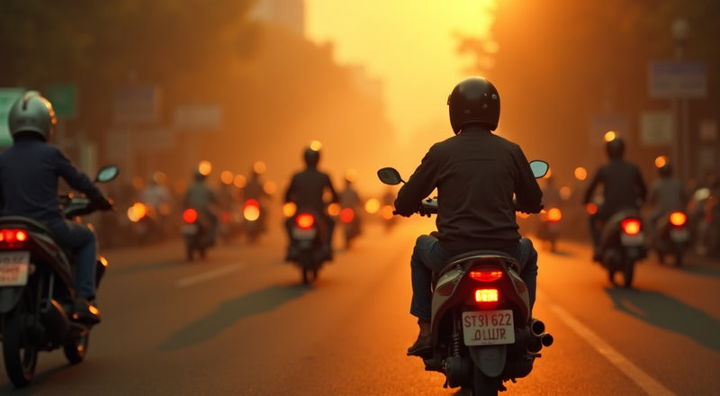 Motorcycle rider from behind in dense PM2.5 smog haze in Southeast Asian city traffic — pollution mask for motorcycle riders