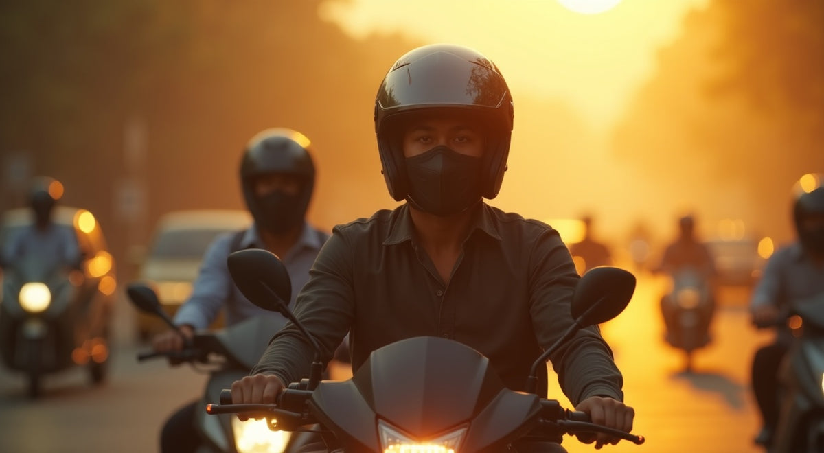A masked motorcycle rider in heavy traffic smog — comparing masks, filters and purifiers for rider air protection