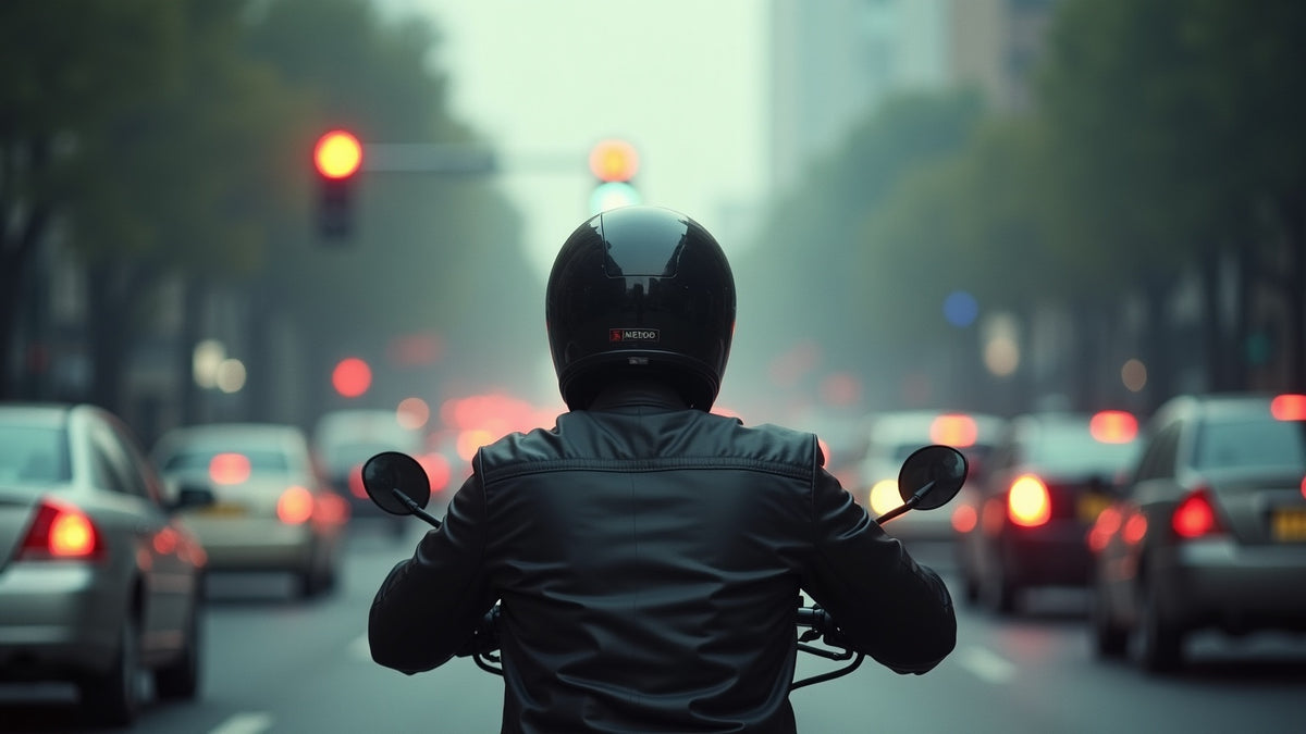 Motorcycle rider from behind waiting in stopped city traffic with exhaust haze in the air, the conditions a helmet HEPA filter has to work in