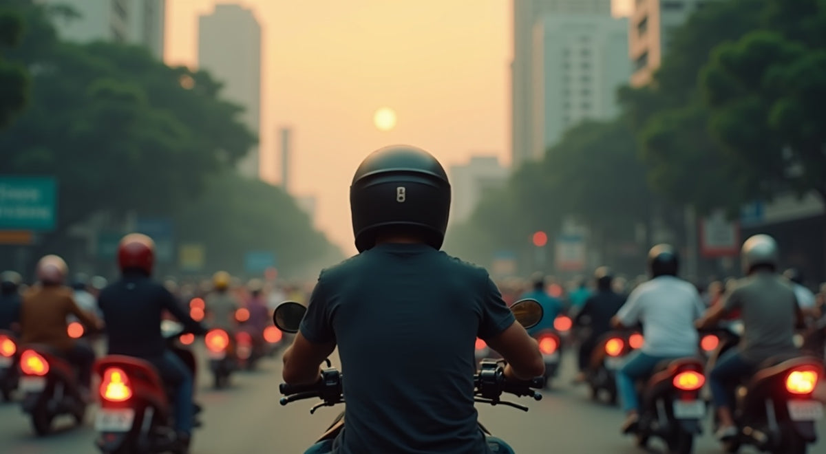 Motorcycle rider stuck in Jakarta traffic gridlock surrounded by motorbikes in heavy air pollution smog haze