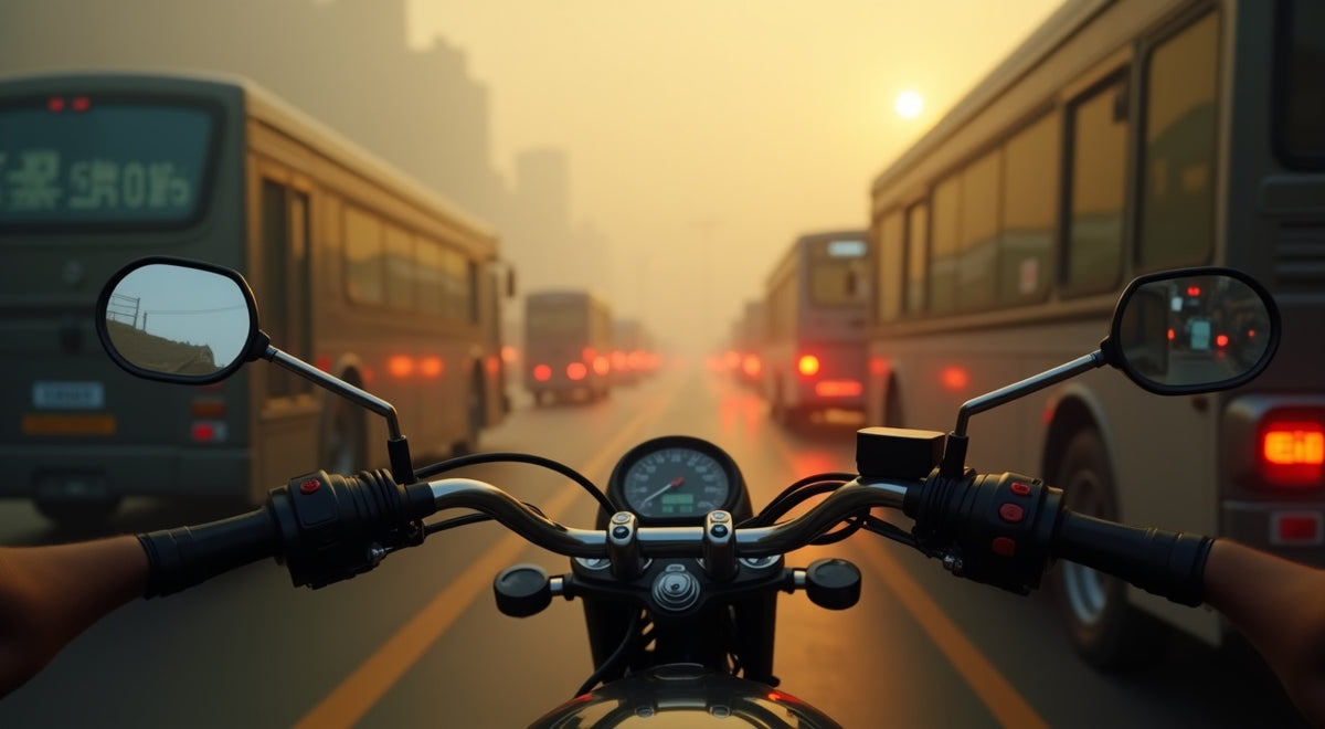 A motorcycle rider's view of dense, smog-choked Southeast Asian city traffic — the air pollution riders breathe on every commute