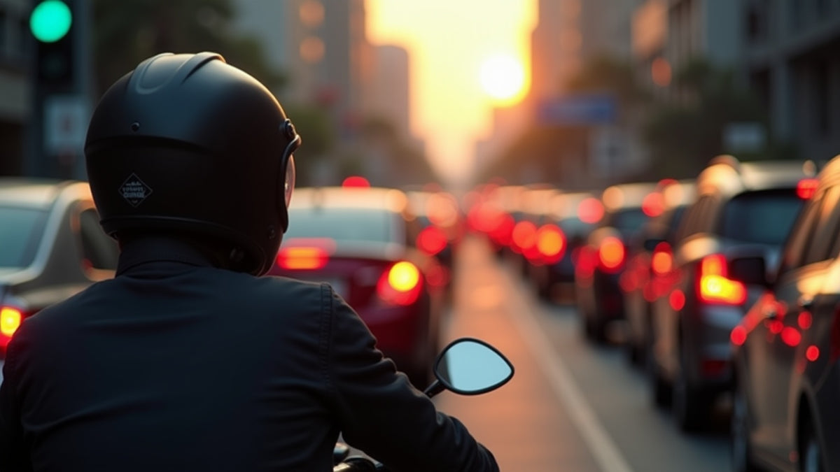 Motorcycle rider stopped in dense city traffic at dusk, seen from behind, with brake lights and exhaust haze ahead