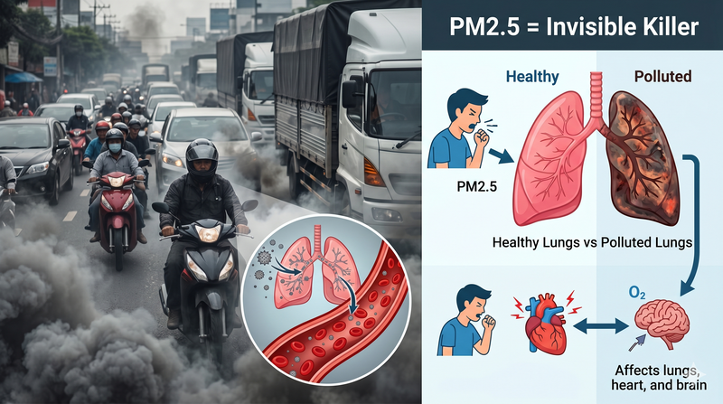 Motorcycle riders in Jakarta traffic breathing PM2.5 air pollution — healthy vs polluted lungs comparison