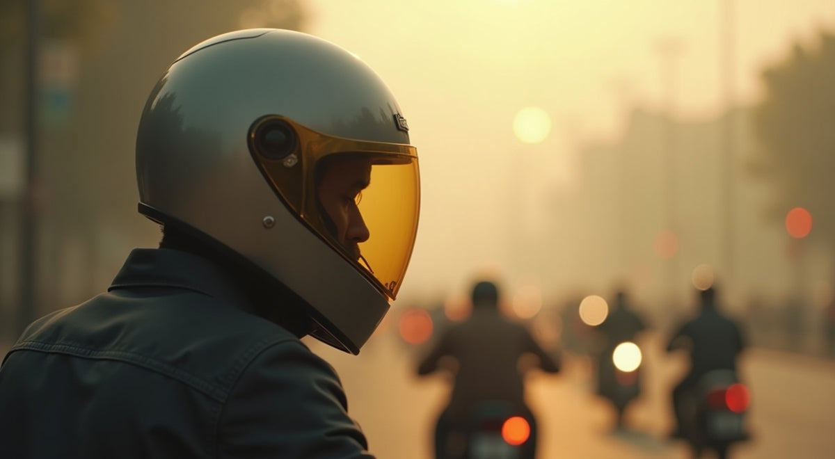A motorcycle helmet sharp against a backdrop of polluted city haze — how helmet air filtration protects the air you breathe