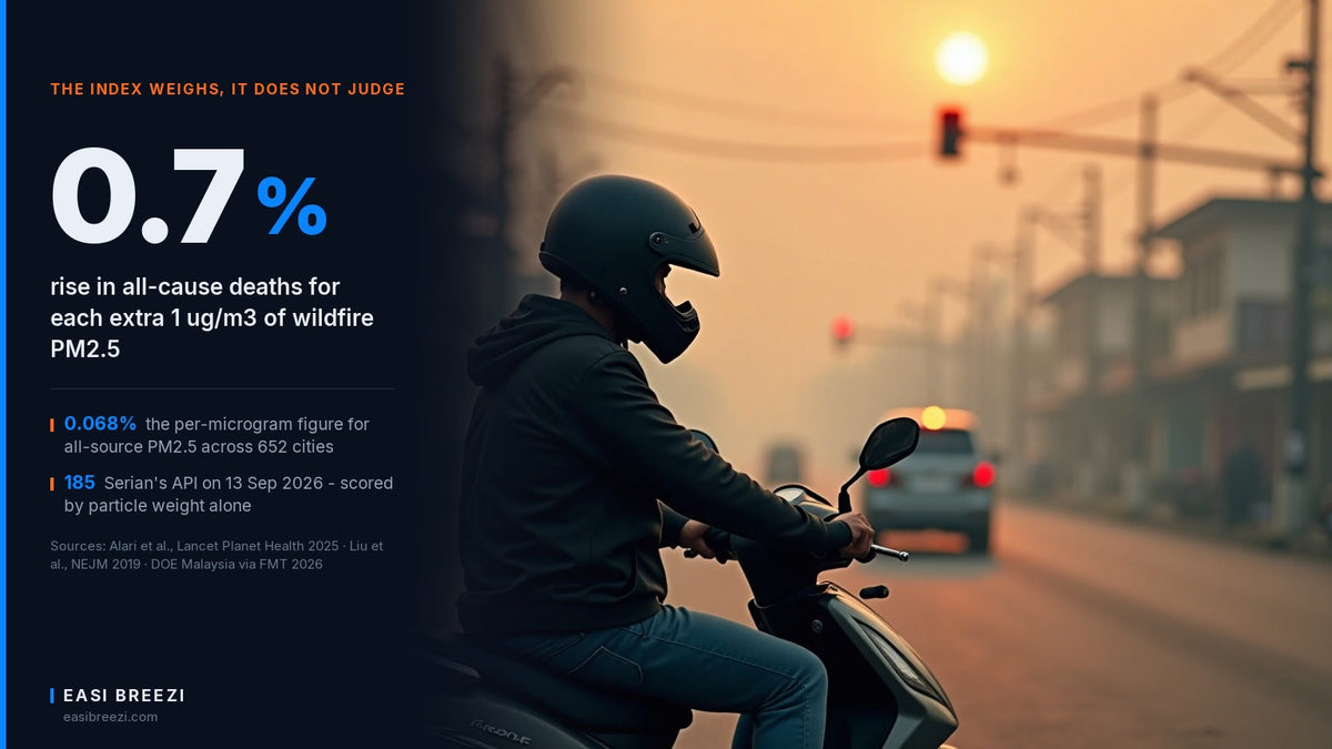 Motorcycle rider stopped at a traffic light in thick orange wildfire haze, with a data panel showing the 0.7% per microgram wildfire PM2.5 mortality figure