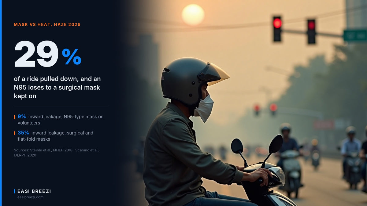 Motorcycle rider at a red light in haze with a face mask pulled down, best face mask for motorcycle riding in heat