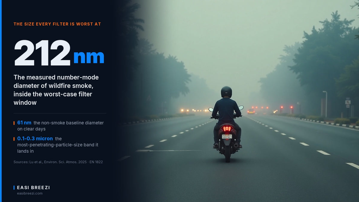 A lone motorcycle rider in a full-face helmet on a wide road almost erased by thick wildfire haze, with the tail lights of stopped traffic glowing ahead