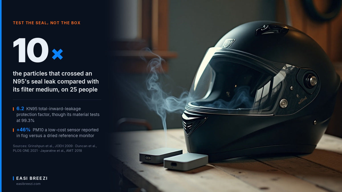 A full-face motorcycle helmet on a garage workbench with a wisp of smoke near the chin bar and two plain sensor devices beside it, with a data panel on how to test HEPA filter performance in a helmet