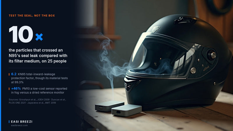 A full-face motorcycle helmet on a garage workbench with a wisp of smoke near the chin bar and two plain sensor devices beside it, with a data panel on how to test HEPA filter performance in a helmet