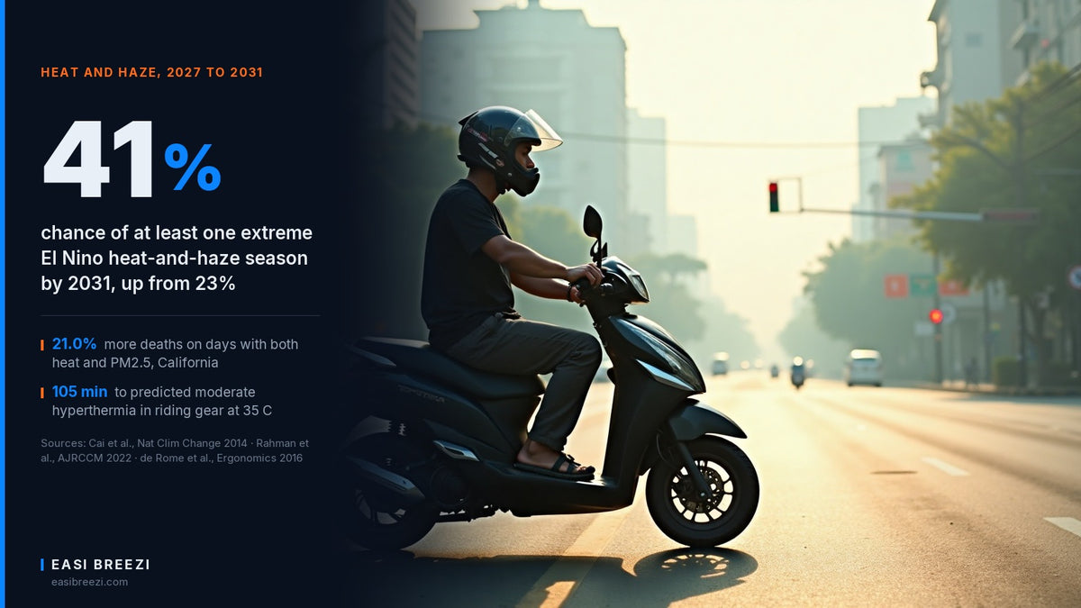 Motorcycle helmet too hot: a rider stopped at a red light in city haze with the helmet visor cracked open