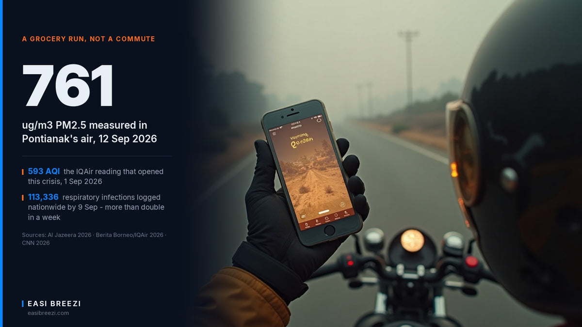 Motorcycle rider holding a phone showing an air quality reading in thick haze near Pontianak, West Kalimantan
