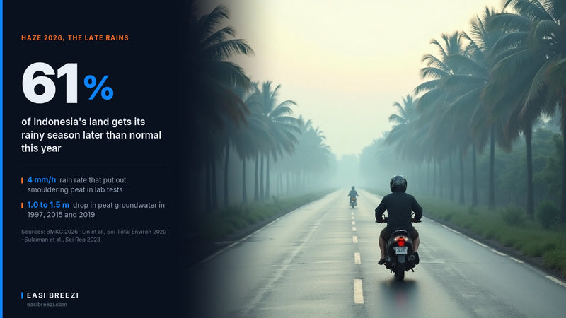 Motorcycle rider on a wet road after rain with haze still hanging between palm trees, when will the haze be gone