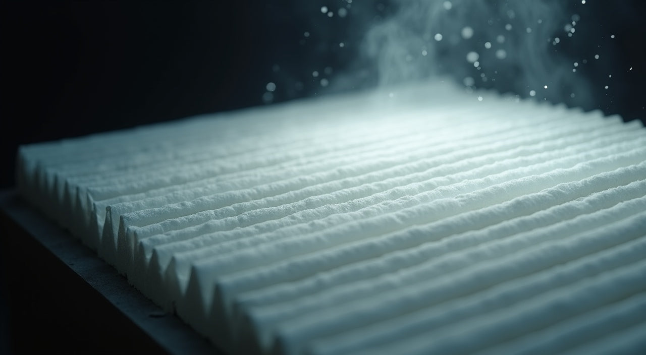 A pleated HEPA filter catching fine particles in a beam of light — what HEPA filtration means for motorcyclists