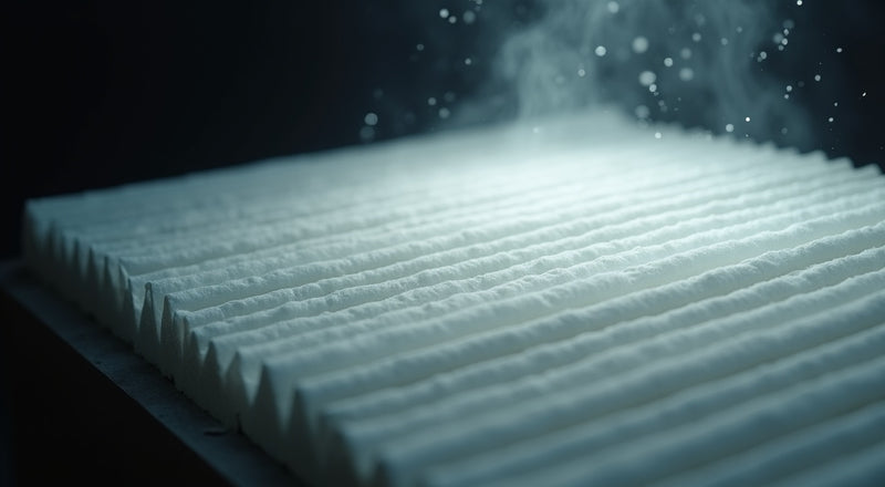 A pleated HEPA filter catching fine particles in a beam of light — what HEPA filtration means for motorcyclists