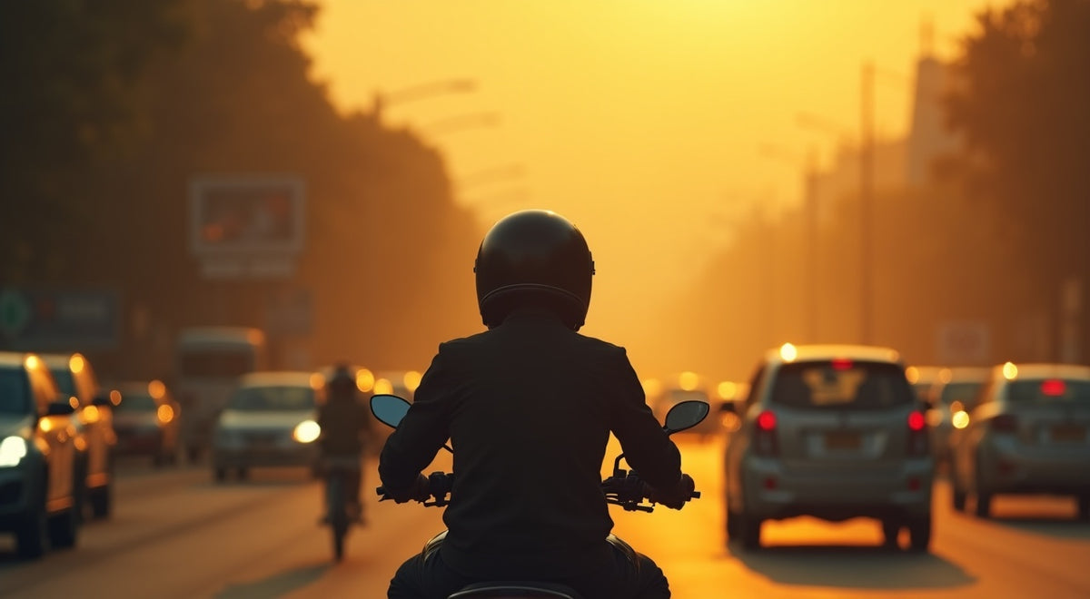 Motorcycle rider stopped in hazy, polluted Southeast Asian city traffic — how to reduce pollution exposure on a motorcycle