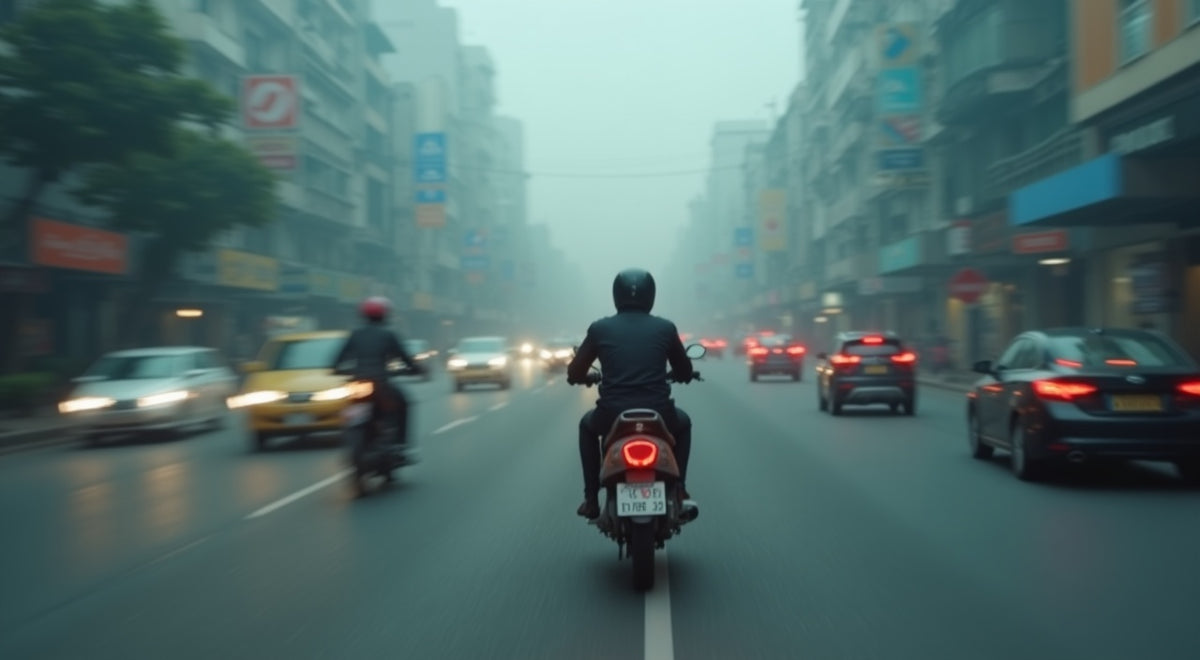 Motorcycle rider in heavy smog haze on a Southeast Asian city street surrounded by traffic