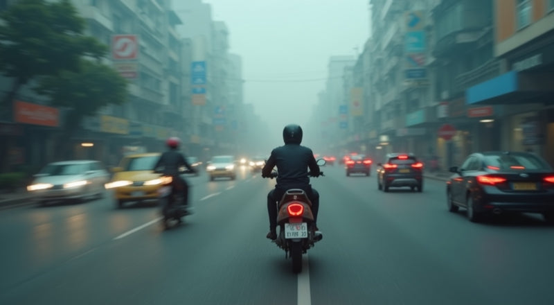 Motorcycle rider in heavy smog haze on a Southeast Asian city street surrounded by traffic