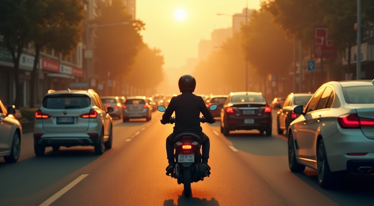 Motorcycle rider filtering between two cars in dense Southeast Asian traffic under orange-grey smog, helmet level with the exhaust of the car ahead