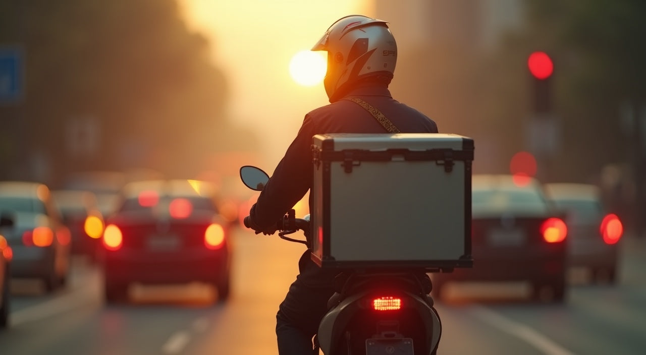 A food delivery rider with a thermal delivery box stopped in dense traffic at golden hour, seen from behind at tailpipe height