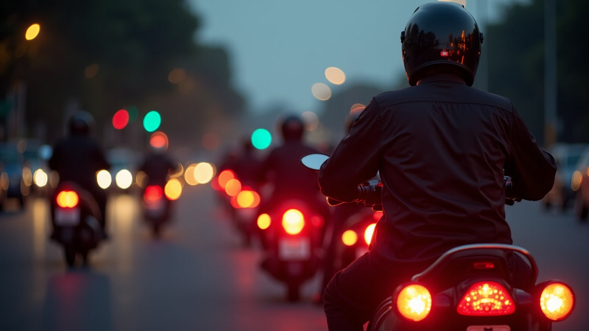 Motorcycle riders stopped at a red light at dusk in dense Southeast Asian traffic, seen from behind at exhaust height with visible haze