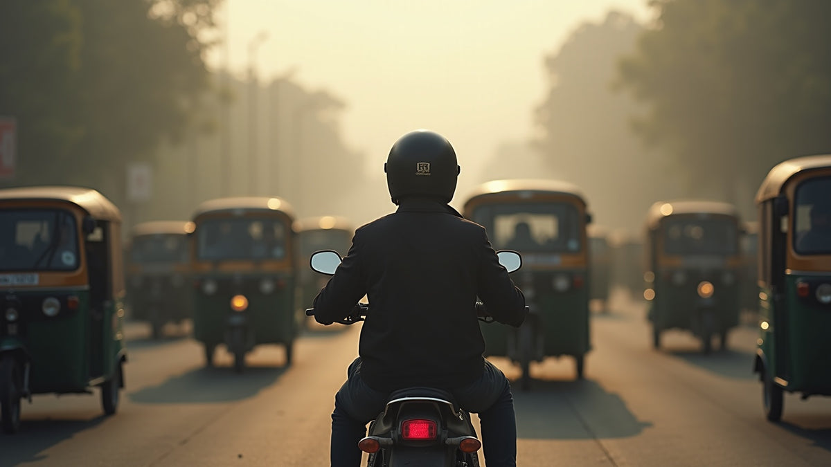 Motorcyclist in dense Delhi traffic under grey-brown winter haze, illustrating rider air pollution exposure