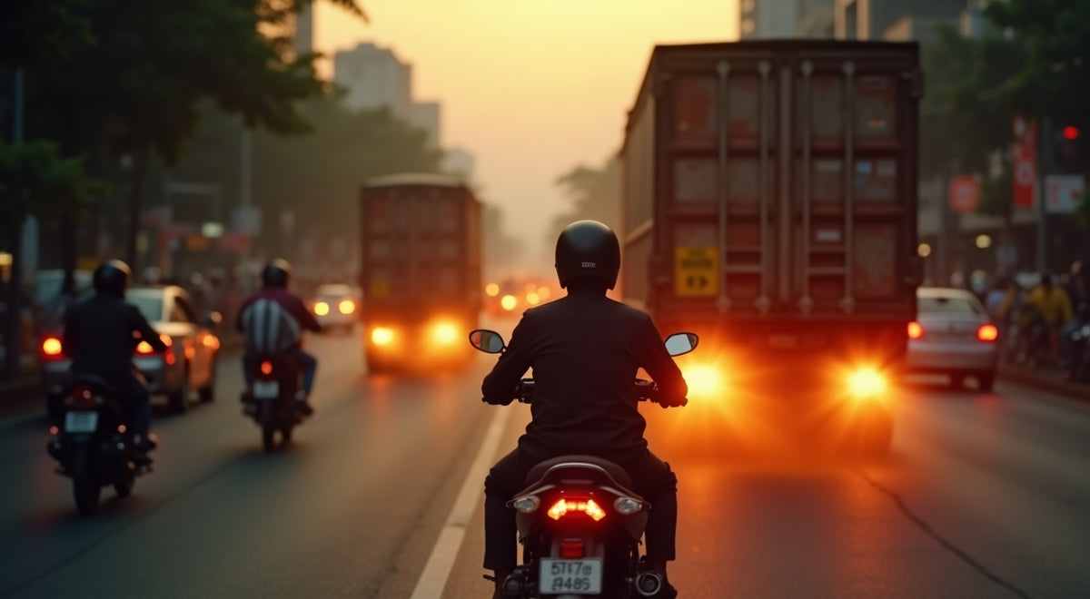 Motorcycle rider stopped in dense Southeast Asian city traffic at dusk behind a truck's exhaust, air pollution haze visible at handlebar height