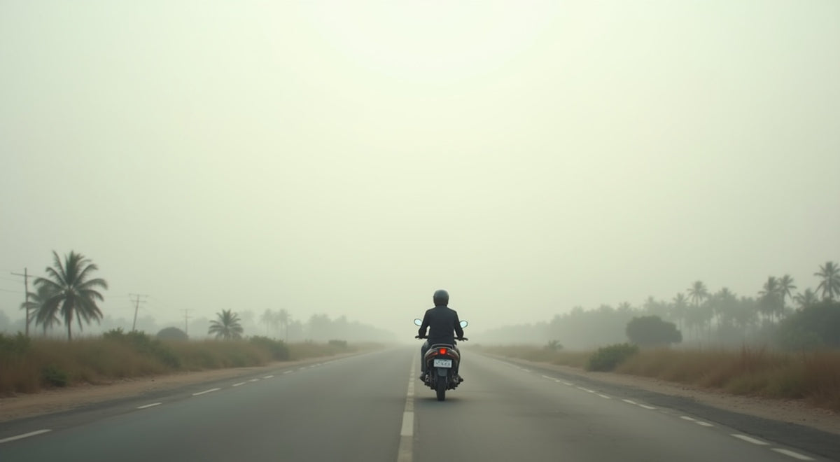 Motorcycle rider on an empty road under flat grey haze while riding a motorcycle in haze conditions in Southeast Asia