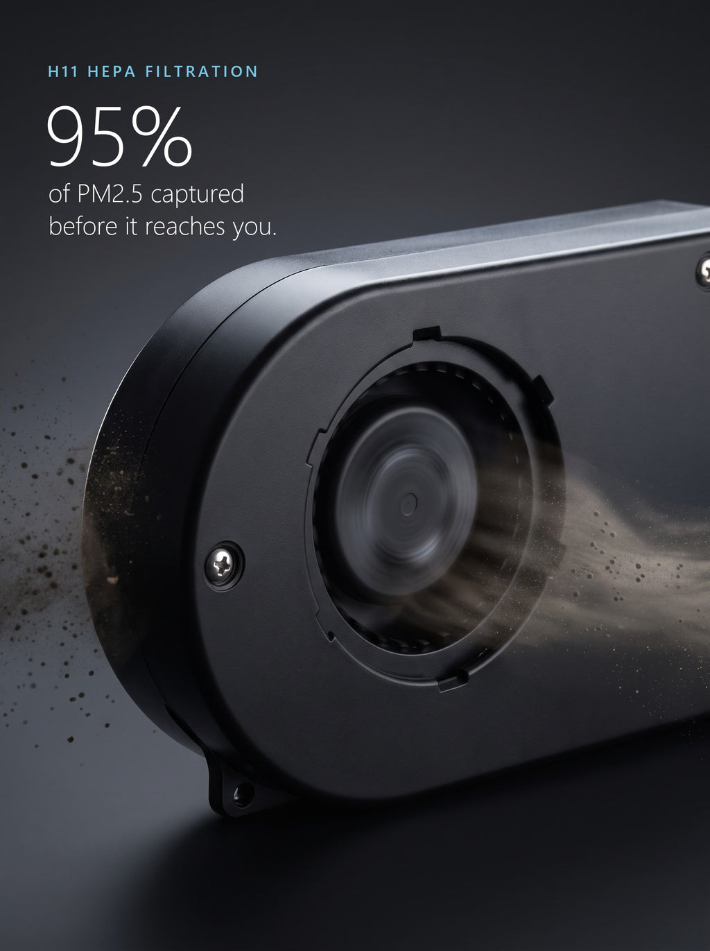 H11 HEPA filter captures 95% of PM2.5 as particles are drawn into the Easi Breezi fan