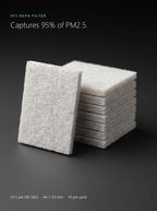 Close-up of Easi Breezi H11 HEPA filter pads: H11 per EN 1822, captures 95% of PM2.5, 44 x 33 mm, 10 per pack