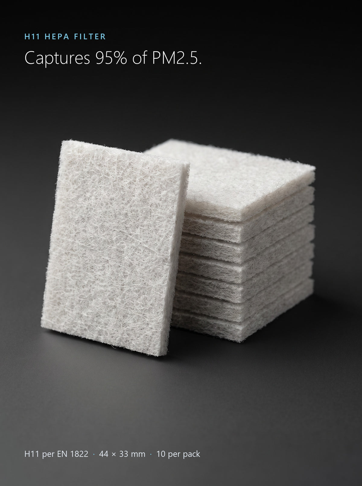 Close-up of Easi Breezi H11 HEPA filter pads: H11 per EN 1822, captures 95% of PM2.5, 44 x 33 mm, 10 per pack
