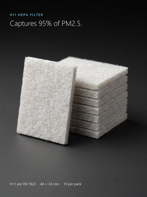 Close-up of Easi Breezi H11 HEPA filter pads: H11 per EN 1822, captures 95% of PM2.5, 44 x 33 mm, 10 per pack